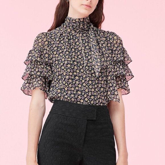 Rebecca Taylor Louisa Tiered Ruffle Short Sleeve Bow Tie Floral Blouse - Picture 4 of 13